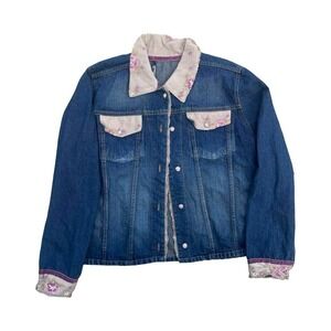 Vintage Blue denim jacket with khaki pink floral embroidery